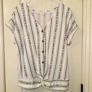 Flower & Feather Boho Tribal Stripe Top Medium Knot Front V Neck Geometric Shirt